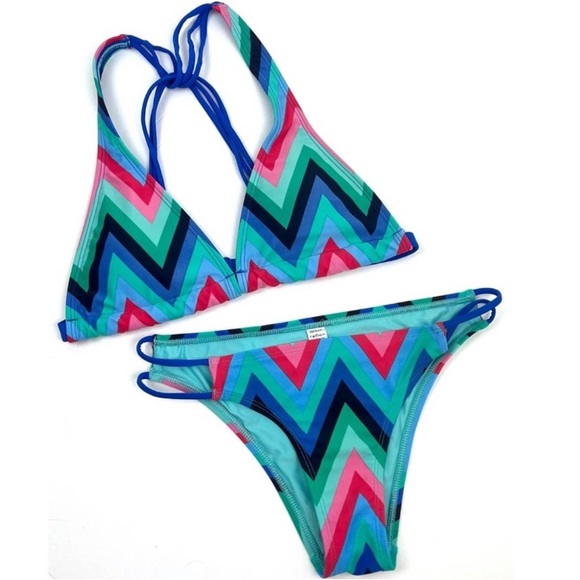 Aerie Blue Multi Chevron Print Stripe Triangle Bikini - Picture 1 of 2